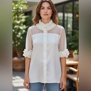 RED Valentino Sheer Mesh Ruffle Collar Blouse Ivory Button Front Top